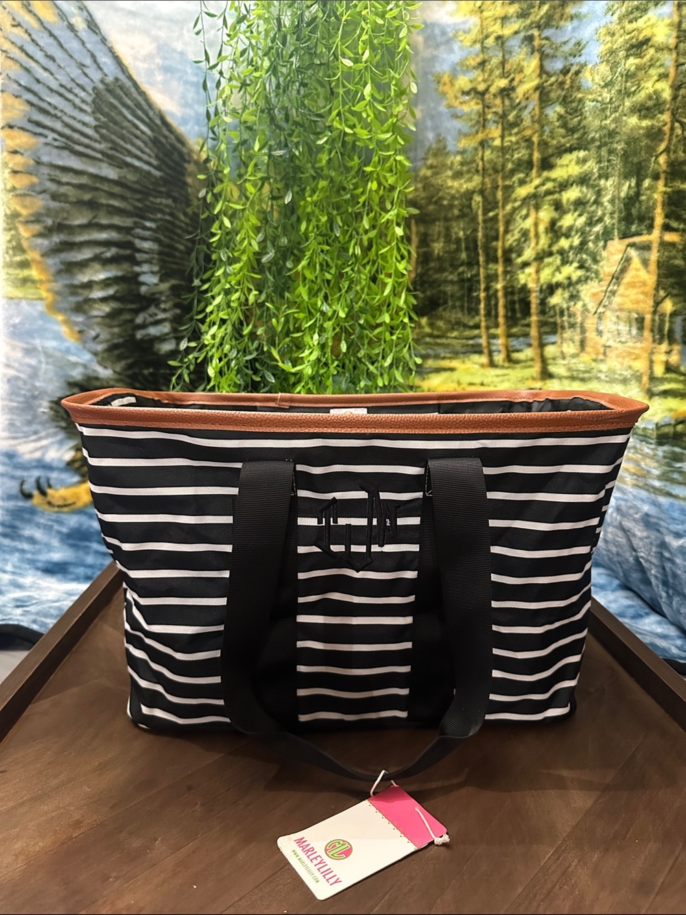 Striped Black & White Tote with Tan Trim by Marellly